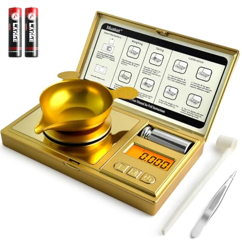 Muaket 0.001g/50g Digital Milligram Scale, Pocket Micro Scales with 6 Units, High Precision Gram Scale, Mg Scale for Powders, Jewelry, Medicine, with Cal Weight, Tweezer, Weighing Pan, Battery, Glod