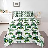 Erosebridal Kids Car Comforter Set, Equipment Trucks Bedding Set Queen 3Pcs, Excavators Quilt Set, Construction Tractor Duvet Insert for Boys Teens Yellow Green Vehicle Bedding for Bedroom Décor