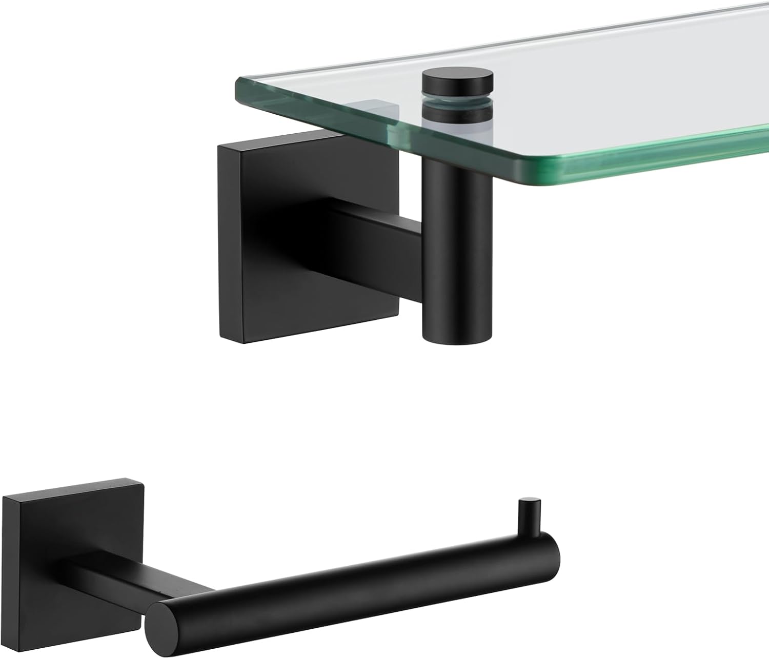 KOKOSIRI 16-Inch Bathroom Shelves Glass Floating Shelf Toilet Roll Holder Toilet Paper Holder Stainless Steel Matte Black B1105BK-L16+B2005BK