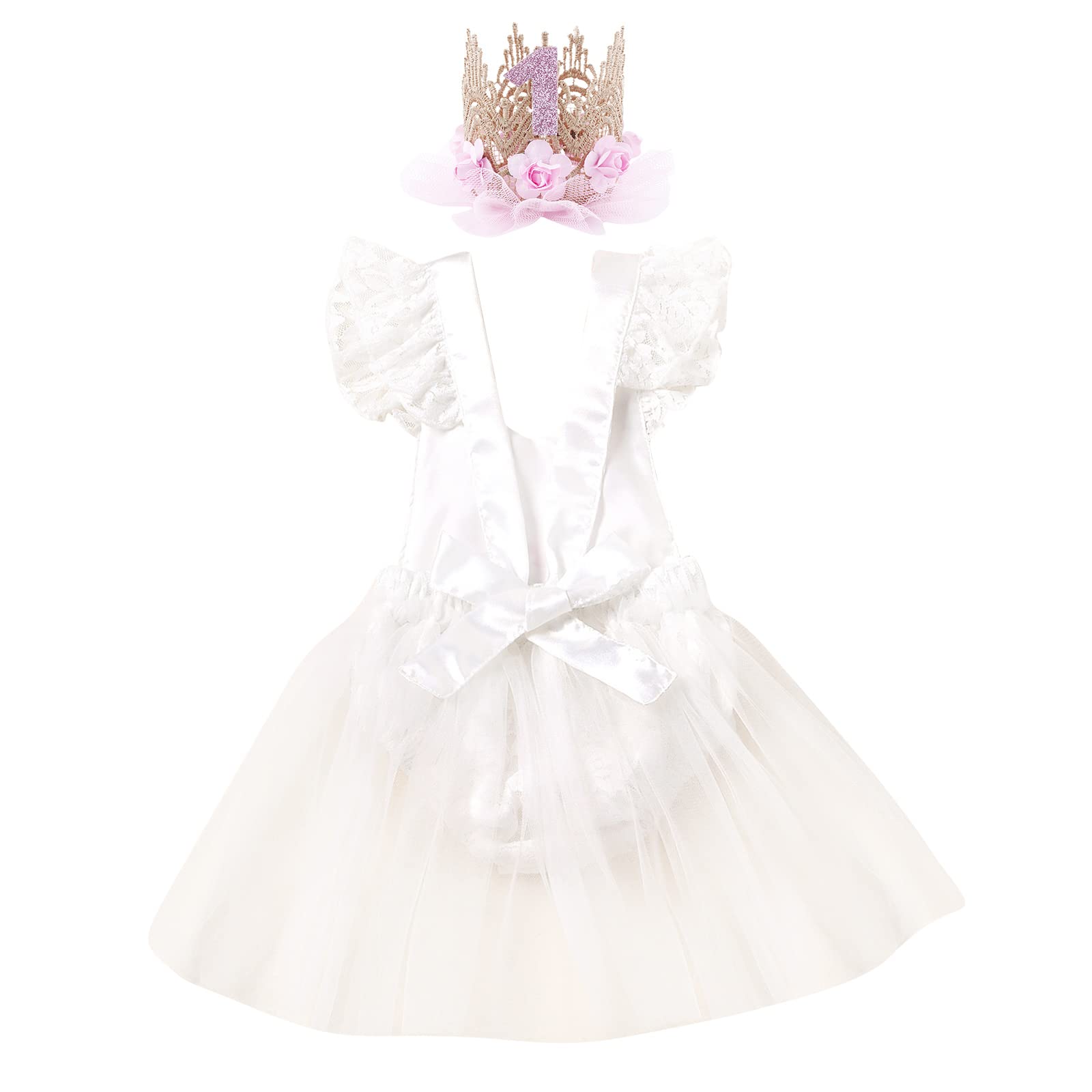 1st First Birthday Outfit Girl Ruffle Short Sleeve Floral Lace One Onesie Tulle Princess Dress+Headband Baby One Year Old Birthday Gifts Cake Smash Party Photo Shoot White?With Crown? 9–12 Months