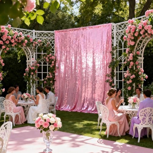 VOK Pink Sequin Backdrop Curtains 2 Panels 2FTx8FT Glitter Photography Background for Wedding Birthday Christmas Party Decorations by VOK - Used condition - Image 5