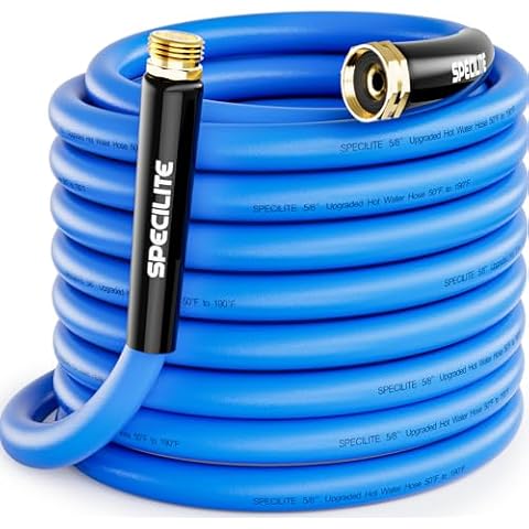 SPECILITE Hot/Cold Garden Water Hose 50 ftx 5/8 in, -50℉ To 190℉, Heavy Duty, Flexible, Burst 605 Psi, Lightweigh, Upgraded Rubber Pipe with 3/4" Brass Fittings For Backyard, Outdoor, Farm, Blue Cover