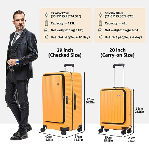Image of Kaleenie 2 pieces 20 /29 Aluminum Luggage Set, 39 * 20 * 55cm 43L & 40 * 37 * 77cm 113L, Lightweight Hardshell ABS+PC Suitcase with TSA Lock, 360 Universal Wheels & Adjustable Handle, Orange