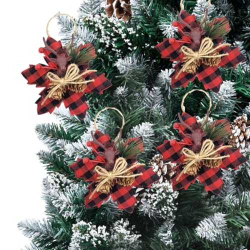 Kit 4 Flores Bico de Papagaio Pendente Tecido Decorado Xadrez Rena e Pinhas 14cm - Master Christmas