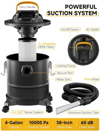 Image of Cordless Ash Vacuum for Pellet Stoves, for DEWALT 20V Max Battery, Pellet Stove Vacuum Cleaner with 2 HEPA Filters, Powerful Suction, 4 Gallons & 4 Wheels, 38 inch Hose for Wood Fireplaces, BBQ Grills