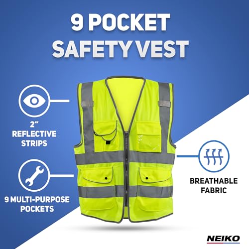 Image of Neiko High Visibility Safety Vest ANSI Class 2, 9 Pockets