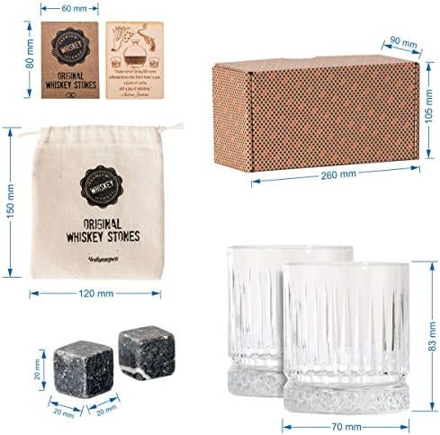 Whiskey Stones and Glass Gift Set with 12pcs Chilling Rocks  Premium Quality Marble Stones and Glasses  Keep Your Drink Cool Without Dilution  2 Whisky Glasses, Gift Wrap  Ideal for Men and Women