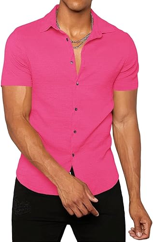 Runcati Camisa de manga corta con botones para hombre, casual, color sólido, hippie, yoga, lisa, para verano, playa