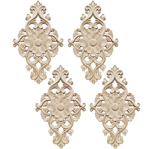 NC 4 Piezas Madera Tallada Calcomanias, DBAILY Molduras Decorativas para Muebles Molduras de Madera Larga Tallado Apliques Hogar Artesanias Decorativas 21cm*15cm