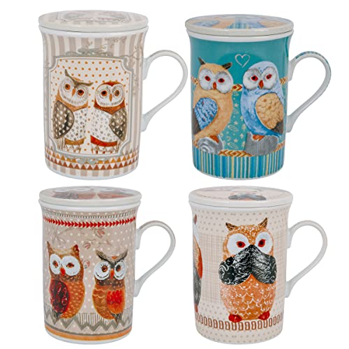 ROCKING GIFTS Taza Mug Té Tisana 330ML con Tapa y Filtro Infusor, Modelo Surtido (1 Unidad), Porcelana Dibujos de Búhos, con Caja de Regalo, 11 cm