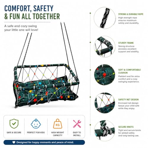 Image of Baby Hanging Swing Cradle with Cushioned Seat, Rope Net Frame, Multicolour Polka Dot Print, for Infants