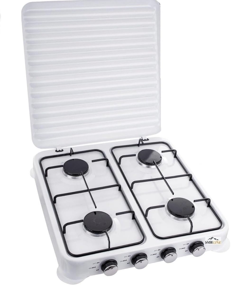 SMH LINE® Fornello a gas da campeggio, 4 fuochi, senza tubo e regolatore, 50 mbar, gas propano da 10 kW, piano cottura da campeggio, bombola a gas, fornello per esterni, fornello da tavolo XL