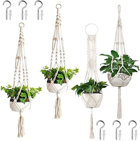 ZOUTOG 𝙈𝙖𝙘𝙧𝙖𝙢𝙚 𝙋𝙡𝙖𝙣𝙩 𝙃𝙖𝙣𝙜𝙚𝙧 𝙄𝙣𝙙𝙤𝙤𝙧, 𝙕𝙊𝙐𝙏𝙊𝙂 Set of 4 Indoor Hanging Planter, Handmade Hanging Plant Holder - 43 Inch, 4 Legs