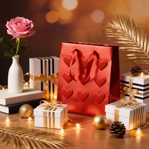 Image of Prettykrafts Premium Red Heart Gift Bag | Pack of 1 | 25x20x10 cm | Large Size | Reusable & Eco-Friendly Paper Bags for Gifting, Parties, Return Gifts, Shopping and Special Occasions