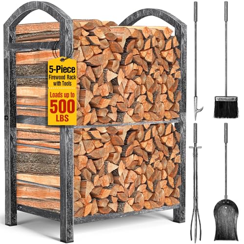 Amagabeli Estante para Leña de Chimenea con 4 Herramientas - 70x40x30cm Soporte para Estufa de Leña - Conjunto Plata Antigua