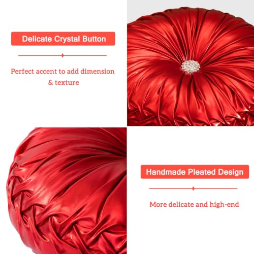 Image of HIG Set of 2 Red Metallic Leather Decorative Round Pleated Throw Pillows | Vintage Floor Pillows, Classy Accent Pumpkin with Center Button, for Sofa Couch Vanity Chair Bed, 14.5 inch Diameter
