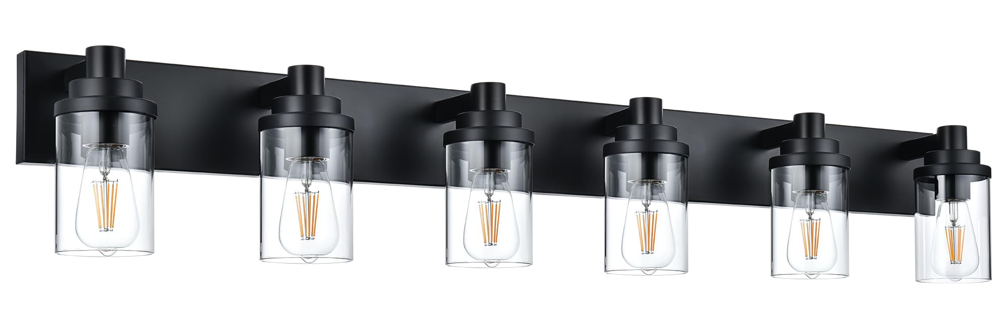 MELUCEE 6 Lights Bathroom Lighting Fixtures Over Mirror, Farmhouse Vanity Lights Matte Black Finish with Clear Glass Shade, Metal Wall Mount Light for Bath Kitchen Living Room