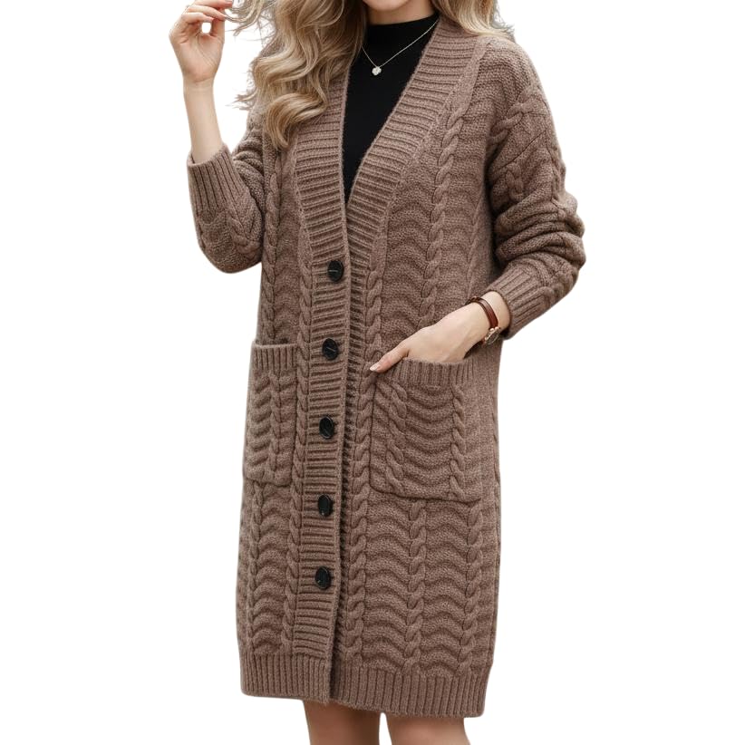 Long Cardigan for Women Fall Winter Long Sleeve Chunky Cable Knit Button Up Open Front Sweaters with Pockets