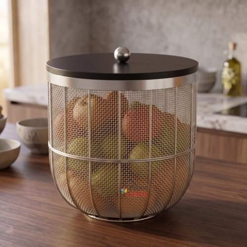 Image of Decorative Net (Jaali) Design Fruit and Vegetables Basket with Natural Wooden Lid | Premium Insect Resistant Storage Organizer for Home and Kitchen - Silver