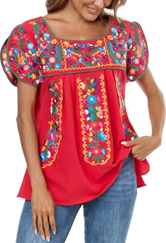 Mexican Shirts for Women Embroidered Tops Traditional Peasant Summer Tunic Blouse4