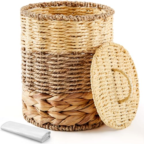 Image of Ctosree 1.3 Gallons Small Trash Can with Lid Handle Boho Woven Braided Bathroom Waste Basket Trash Can with 100 Garbage Bags for Bedroom Office Laundry(Braided Wicker, Primary Color)