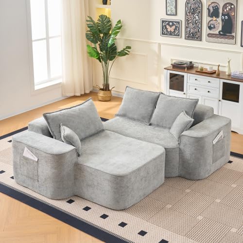 Canapé d'angle en forme de L avec méridienne - Sans montage - Assise basse XXL - Canapé modulaire - Boneless Cloud Couch en chenille - 262 cm - Gris