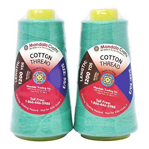 Image of Mandala Crafts Turquoise Mercerized Cotton Thread Cones for Sewing Quilting | 2400 Yds 50 WT, 100% Long Staple Cotton, Multipurpose, for Embroidery, Piecing, Sergers, Applique, Machine and Hand Sewing