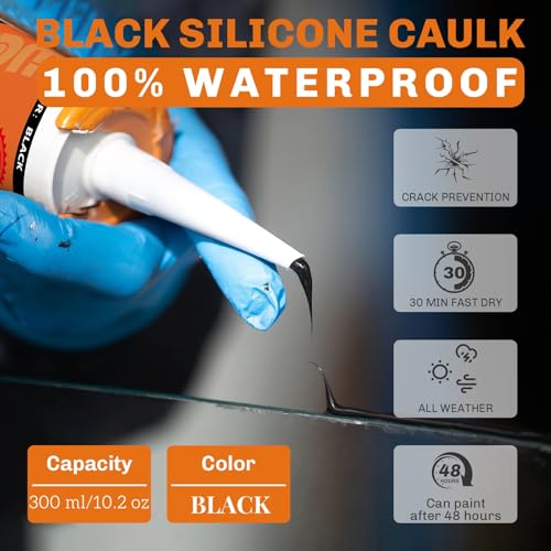 Image of WELLUCK Black Silicone Caulk, 100% Waterproof Silicone Sealant Adhesive Caulking,for RV, Kitchen,Bathroom, Window, Door, Glass, Auto Leak Sealing 10.2FL.OZ /300ML(12 Pack)