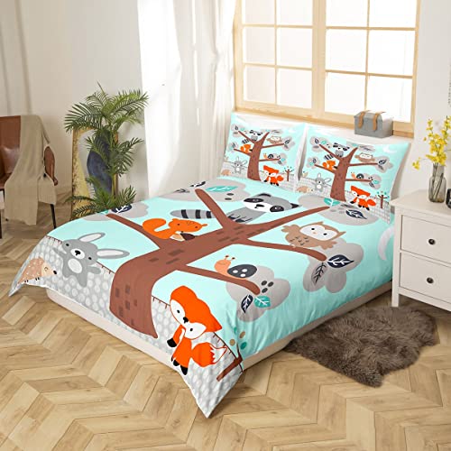 Toddler Cute Animal Bedding Set For Kids Boys Girls Children Nursery Cartoon Raccoon Owl Fox Comforter Cover Lovely Wild Animals Duvet Cover Ultra Soft Decor Nature Bedspread Cover Full Size Zipper #TOP1