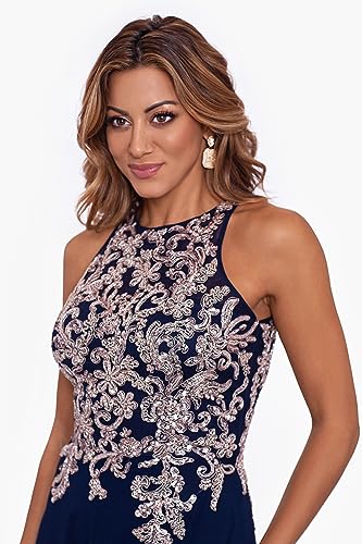 Image of Betsy & Adam Women's Betsy & Adam Women's Sleeveless, Floor-Length, Gown with Embroidered Illusion Bodice and Flowing Skirt