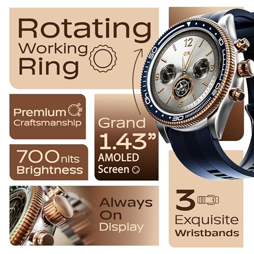 Image of GOBOULT Saber Smart Watch 1.43'' AMOLED Display, Functional Rotating Bezel, AOD, BT Calling, 200+Watchfaces, 700 Nits Brightness, AI Voice Assistant, SpO2 Monitoring, 120+ Sports Mode (Blue)
