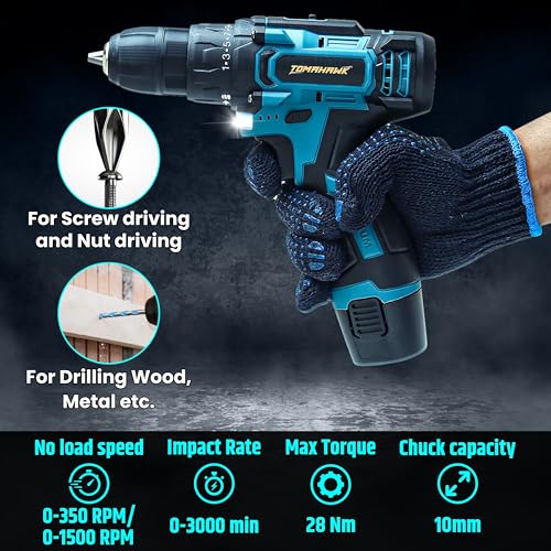 Image of Tomahawk 12V Cordless Drill Machine for Home Use with 2 Speed settings & LED Light | 2 Batteries, Compact & Lightweight, 25+1 Torque Settings, 10mm Chuck, for Drilling & Screwdriving