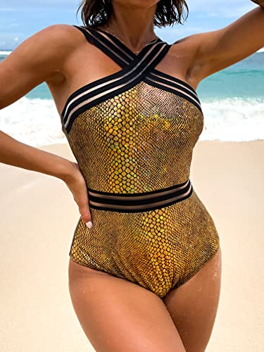 Lecoo Six Princess Women Crisscross One Piece Swimsuit Tummy Control Bathing Suit Front Crossover Swimwear (As1, Alpha, One_Size, S, Regular, Regular, Medium) Gold #TOP1