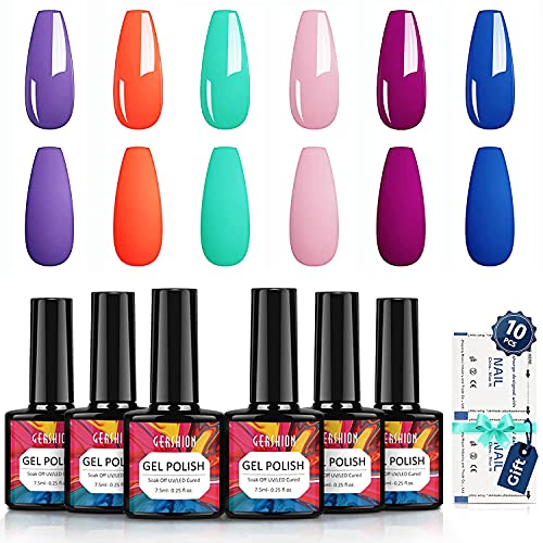 GERSHION UV Gel Nail Polish Set, Polar Night 6 Colors Gel Polish with 10 Pcs Nails Remover Wraps, Light Orange Blue Pink Purpose Green Soak Off UV LED Cured Nail Polish 7.5ML H23