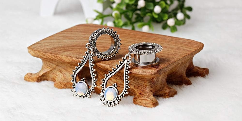 TBOSEN Stainless Steel Teardrop Opal Wedding Earrings Large Dangle Bridal Plug Ear Gauges Stretching Tapers Screw Fit Tunnels Gauge 2g - 1-3/16 inch
