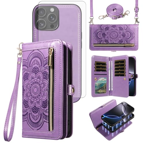 Asuwish Phone Case for iPhone 16 Pro Max 6.9 inch Zipper Wallet Detachable Cell Cover with Tempered Glass Screen Protector Strap Flower Card Holder i Phone16 16Pro i16 ProMax 16ProMax Women Men Purple