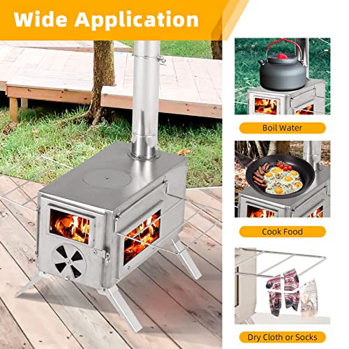 Gravforce Camping Hot Tent Stove, Portable Wood Burning Stove For Outdoor, Stainless Steel Small Camping Stove With Sectional Chimney Pipes & Tent Stove Jack For Heating And Cooking, Backpacking #TOP6