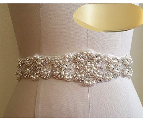 QueenDream Women's Elegant Ivory Ribbon Crystal Rhinestone Bridal Sash