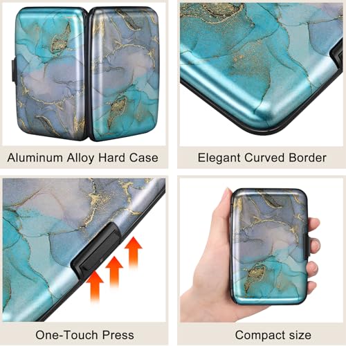 Image of ELFISH Mini RFID Aluminum Wallet Credit Cards Holder Business Card Case Metal ID Case for Men Women, Blue Purple Marble, small, Compact