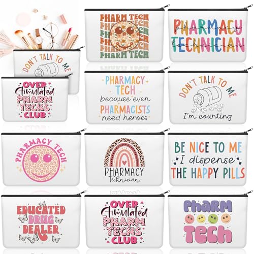 Kacctyen 10 Pcs National Pharmacy Technician Day Appreciation Gifts for Women Pharmacy Technician Makeup Cosmetic Canvas PT Pouch Bags Portable Makeup Pouch Bag Travel Organizer for Party Favors