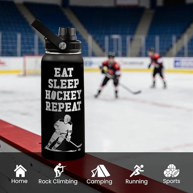 Image of SANDJEST Ice Hockey Insulated Engraved Stainless Steel Water Bottle 32oz, Vacuum Chug Lid Travel Tumbler For Men Friends Hockey Lovers Fans Coaches,Birthday Christmas