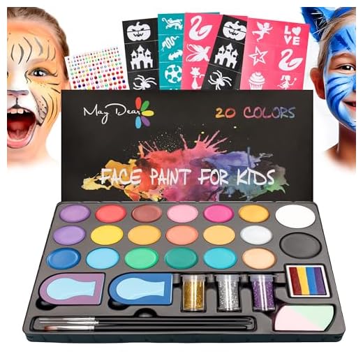 Maydear Face Painting Kit for Kids - 20 Color Water Based Makeup Palette with Stencils, Glitters, Rainbow Split Cake, Hair Dye Clips, for Parties, Halloween, Safe Professional Body & Face paint Kit