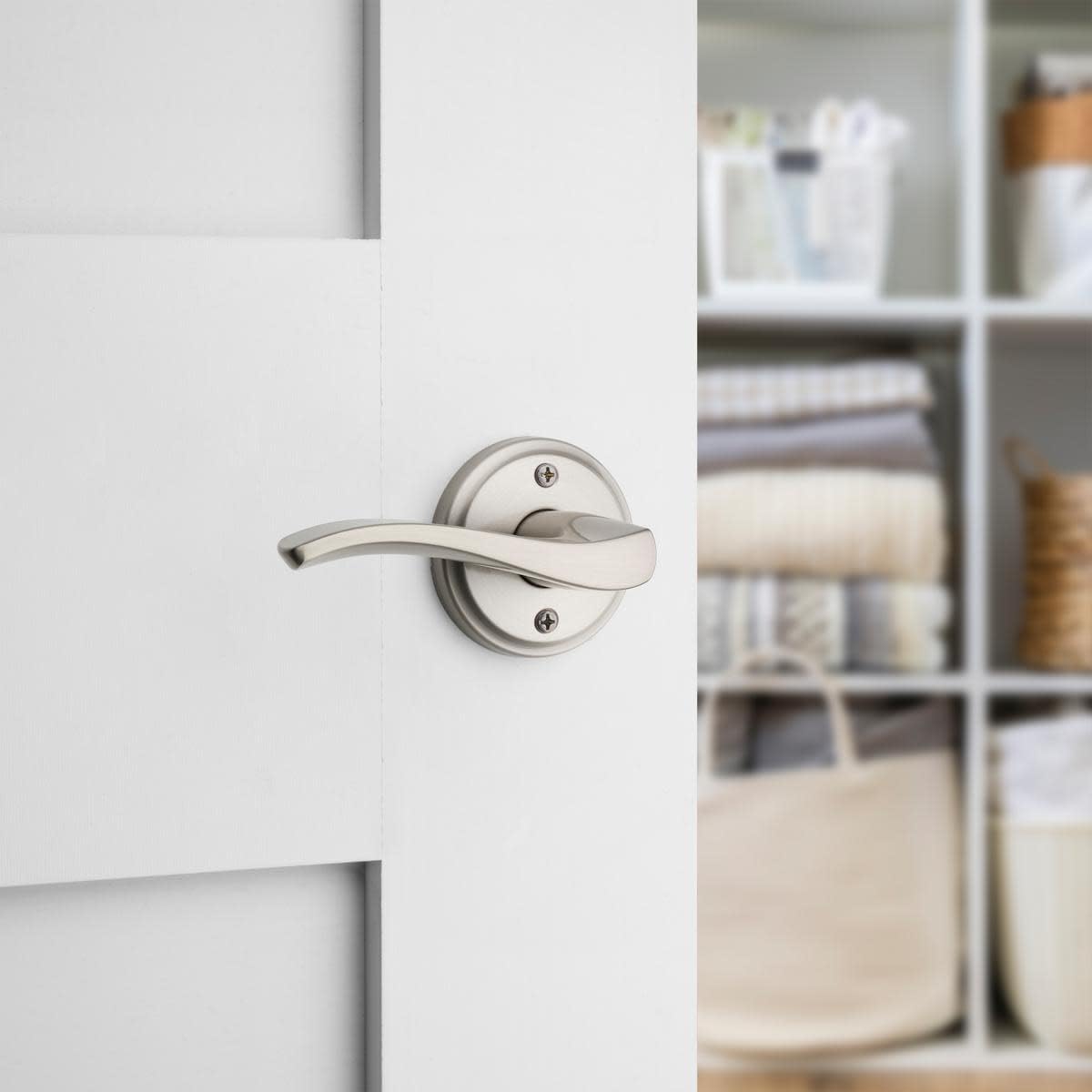 Kwikset Sedona Dummy Door Handle, Single Sided Lever for Closets, French Double Doors, and Pantry, Satin Brass Non-Turning Left Handed Interior Push/Pull Lever, with Microban Protection