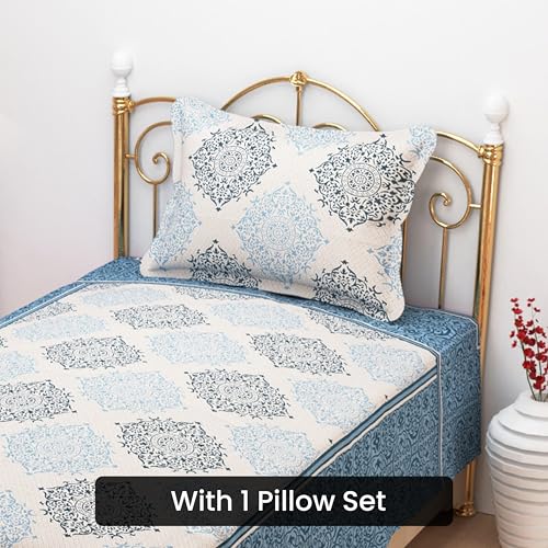 Image of Fresh From Loom Reversible 500Tc Bedsheet for Double Bed Queen Size Cotton | Traditional Print (90x60 Inches | 1 Pillow Cover | Aqua)