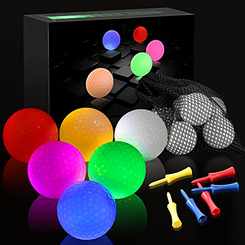 Glow in The Dark Golf Balls Glow Golf Balls 6 Pack Light Up Golf Balls with Mesh Bag and Golf Tees LED Golf Balls Night Golf Balls Multi-Color Golf Balls for Men Women Kids