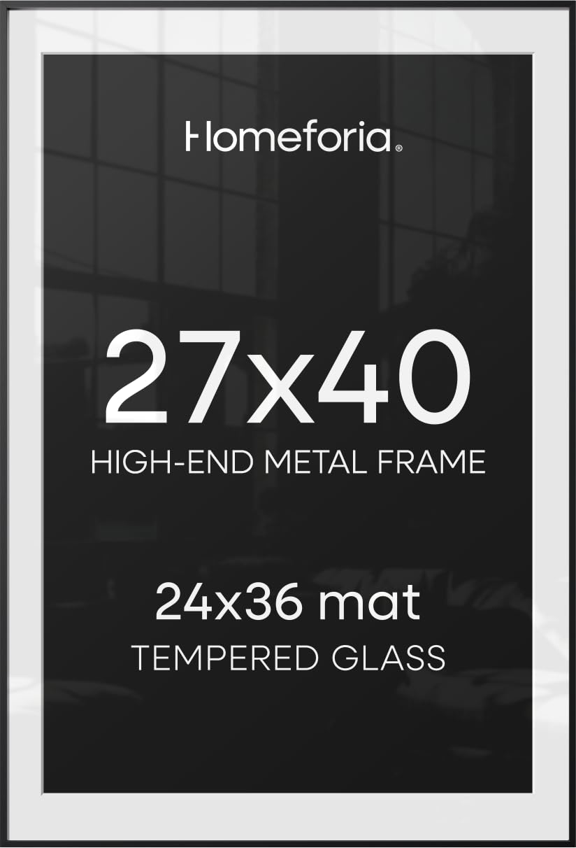 Homeforia 27x40 Black Poster Frame, High-End Metal, 24x36 Mat, Glass
