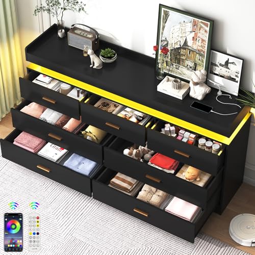 Image of jiteentarou 7 Drawer Dresser with Charging Station and LED Lights, Modern Chest of Drawers with Power Outlet, Organizer Cabinet for Bedroom, Living Room, Entryway, Black