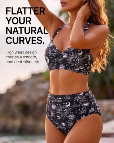 Image of Holipick Women's High Waisted Bikini Set | Halter V-neck, Removable Pads, Ruched Tummy Control, Full Coverage, for Beach,Pool, and Vacation