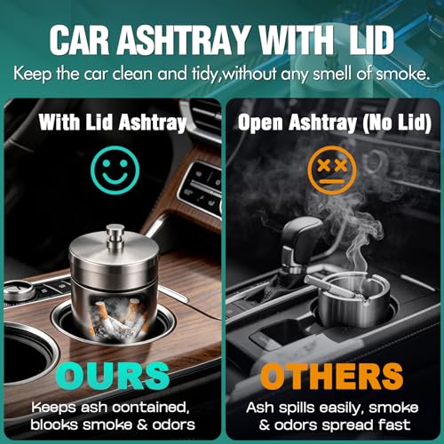 Image of Car Ashtray with Lid Smell Proof Stainless Steel Portable Ash Tray for Car Cup Holder Detachable Windproof Extinguished Cigarette Bucket Automotive Ashtrays for Outdoor Home Office Silver