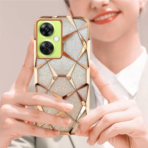 Image of Stylish Gradient Glitter Case for OnePlus Nord CE 3 Lite 5G Luxury Electroplated 3D Cube, Diamond Bling Shiny Soft TPU Clear Shockproof Women & Teen Girls Protective Phone Cover (Gold)